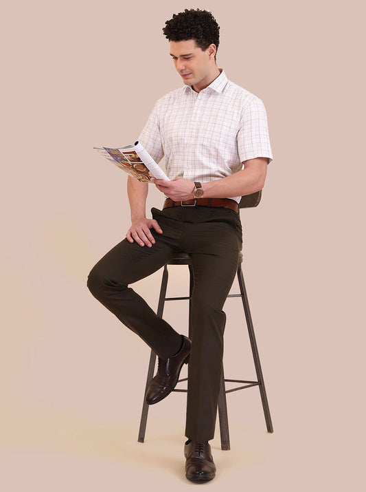 White & Fawn Checked Regular Fit Formal Shirt | Greenfibre