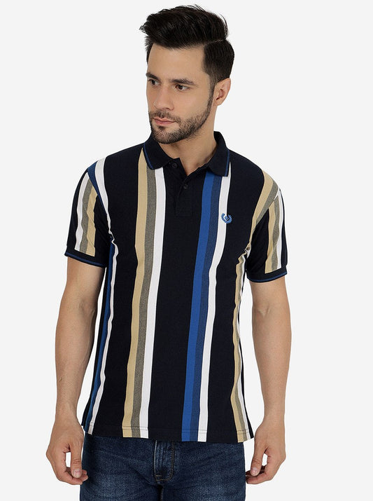 Blue & White Striped Slim Fit Polo T-Shirt | Greenfibre