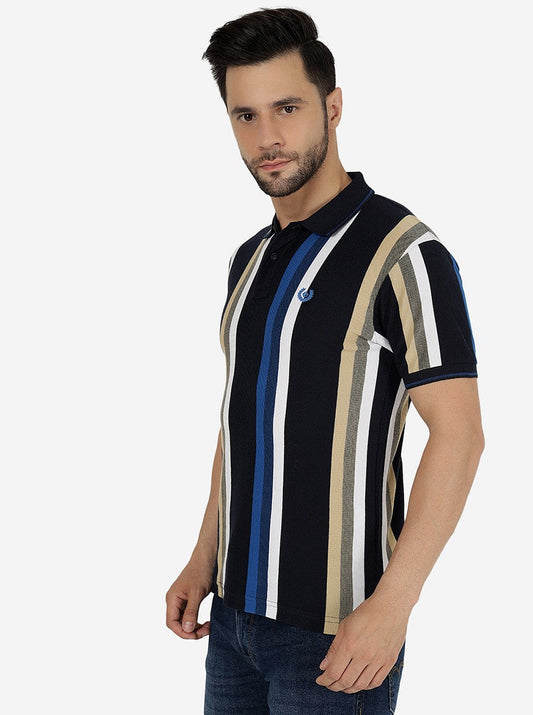 Blue & White Striped Slim Fit Polo T-Shirt | Greenfibre