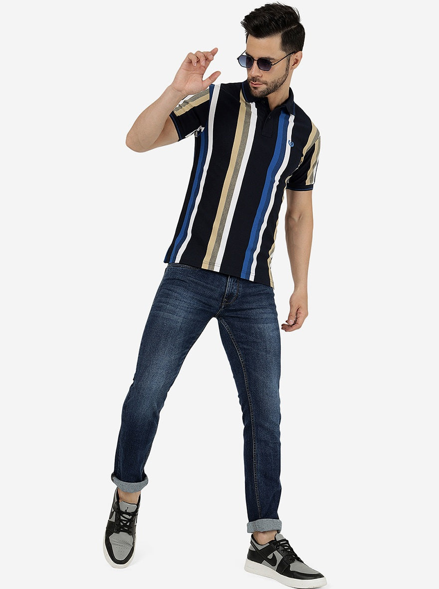 Blue & White Striped Slim Fit Polo T-Shirt | Greenfibre