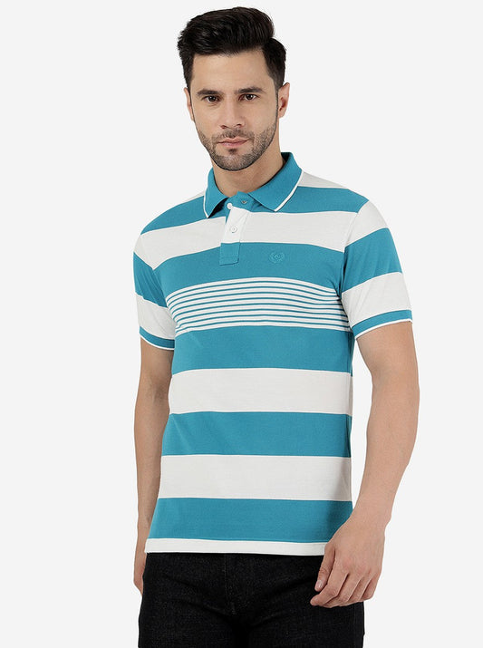Ocean Blue & White Striped Slim Fit Polo T-Shirt | Greenfibre