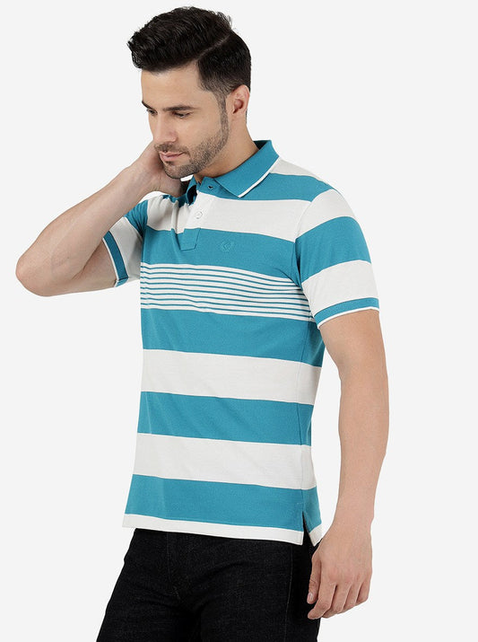 Ocean Blue & White Striped Slim Fit Polo T-Shirt | Greenfibre