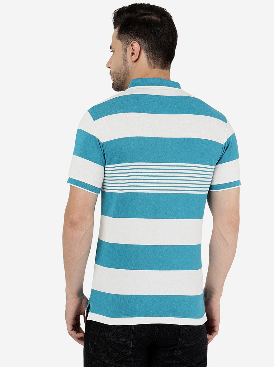 Ocean Blue & White Striped Slim Fit Polo T-Shirt | Greenfibre