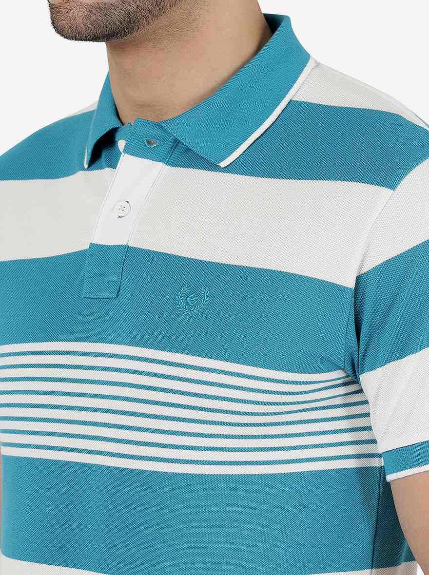 Ocean Blue & White Striped Slim Fit Polo T-Shirt | Greenfibre