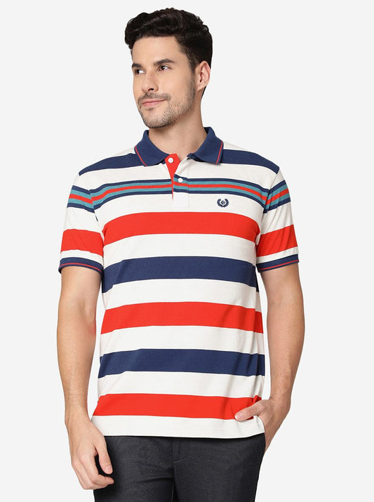 Orange & White Striped Slim Fit Polo T-Shirt | Greenfibre
