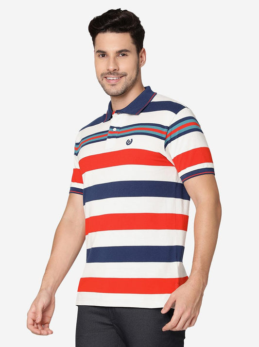 Orange & White Striped Slim Fit Polo T-Shirt | Greenfibre