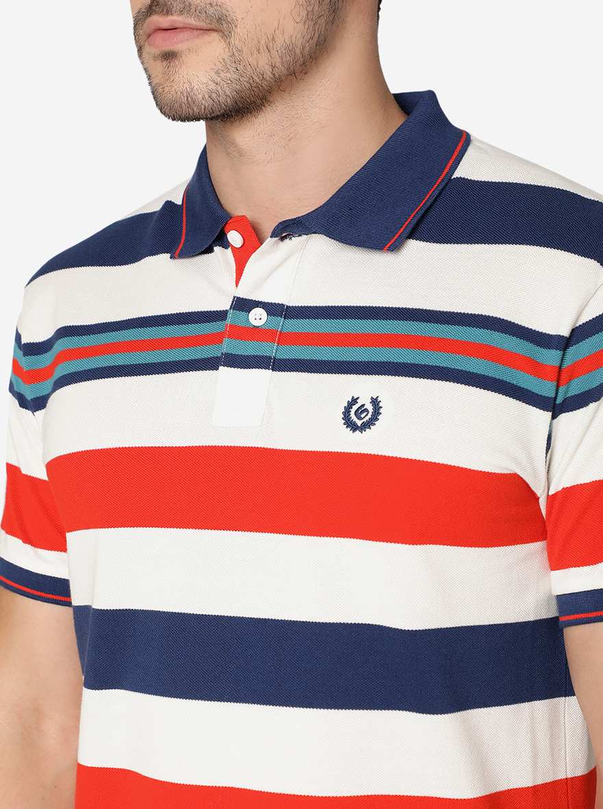 Orange & White Striped Slim Fit Polo T-Shirt | Greenfibre