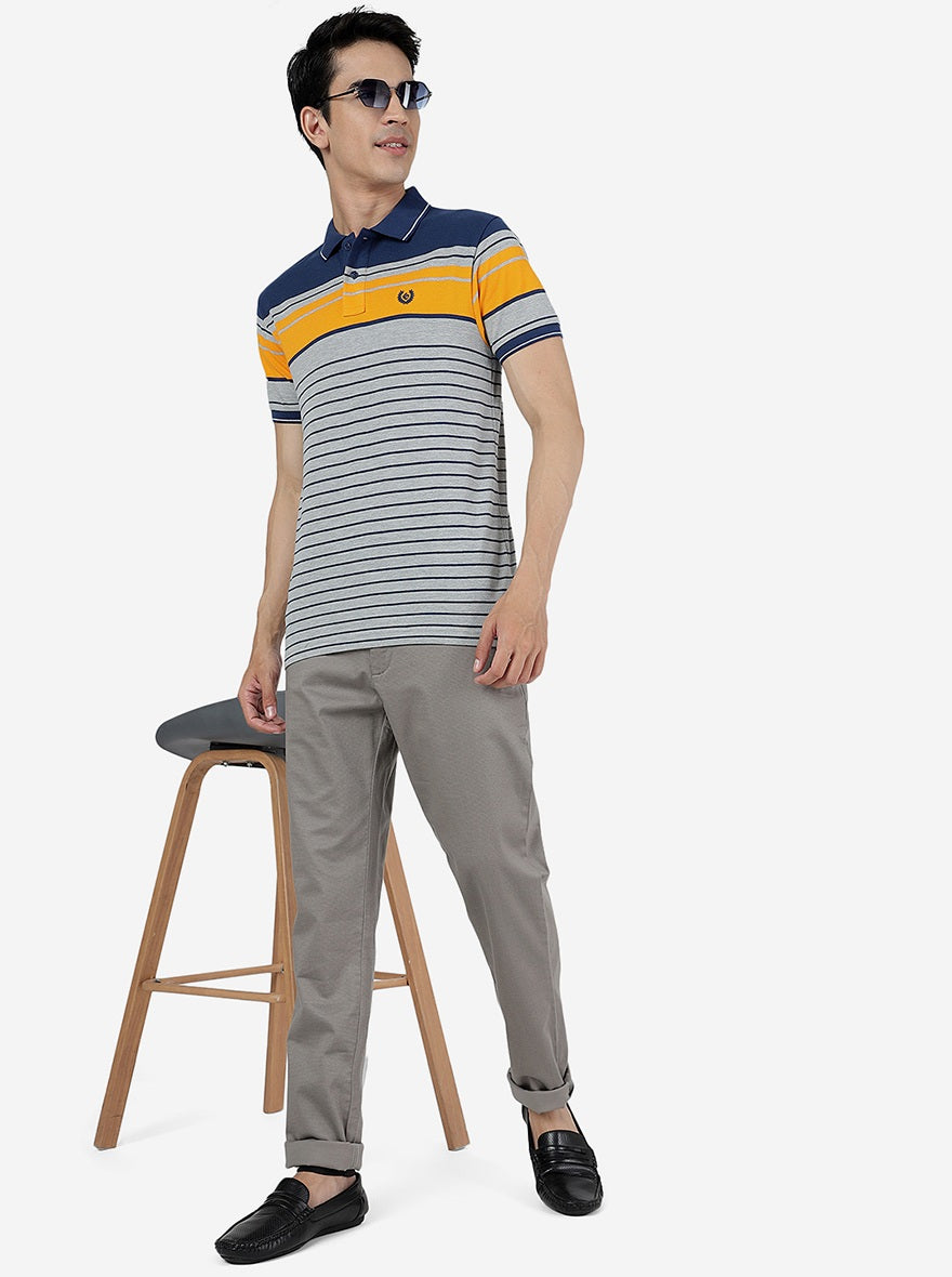 Navy & Grey Striped Slim Fit Polo T-Shirt | Greenfibre