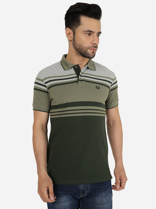 Grey & Olive Striped Slim Fit Polo T-Shirt | Greenfibre