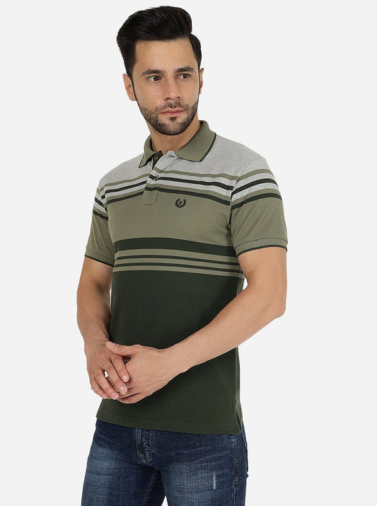 Grey & Olive Striped Slim Fit Polo T-Shirt | Greenfibre