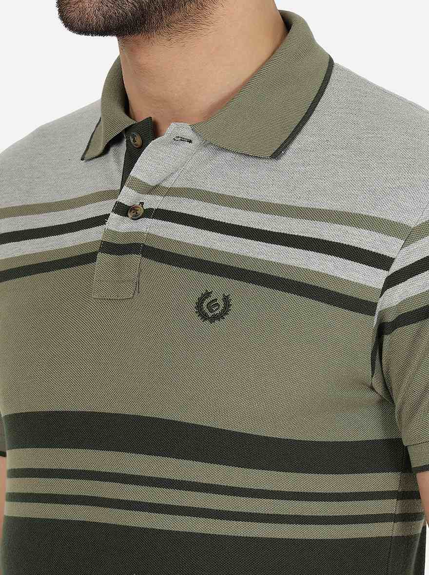 Grey & Olive Striped Slim Fit Polo T-Shirt | Greenfibre