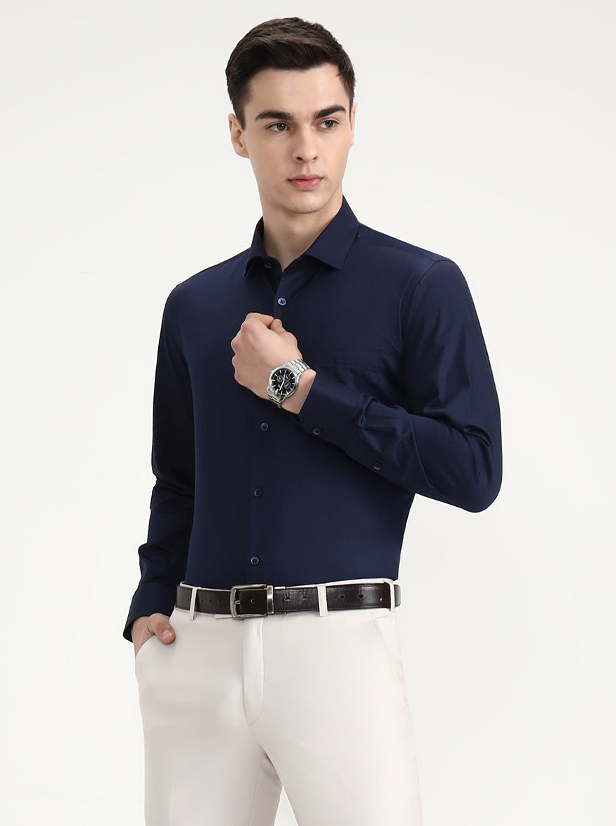 Navy Blue Solid Slim Fit Formal Shirt | Greenfibre
