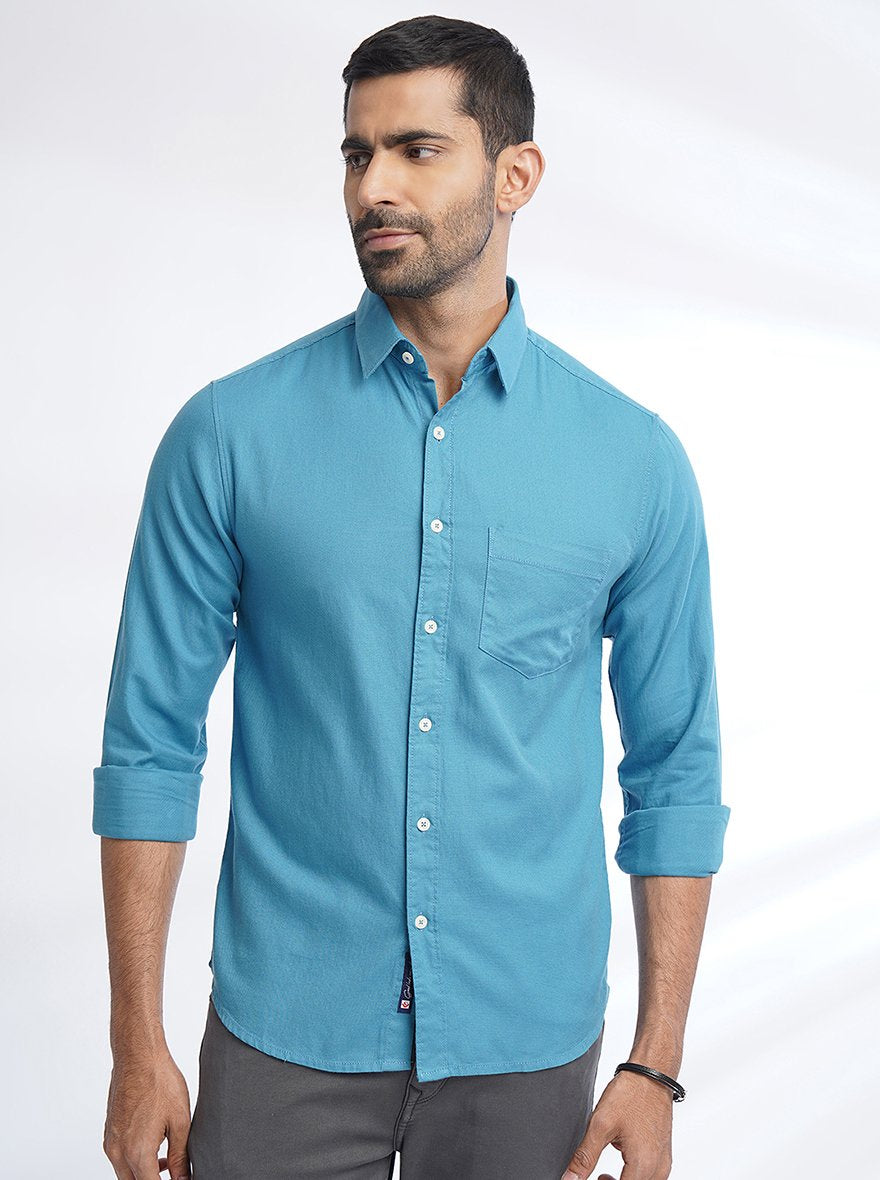 Blue Solid Slim Fit Casual Shirt | Greenfibre
