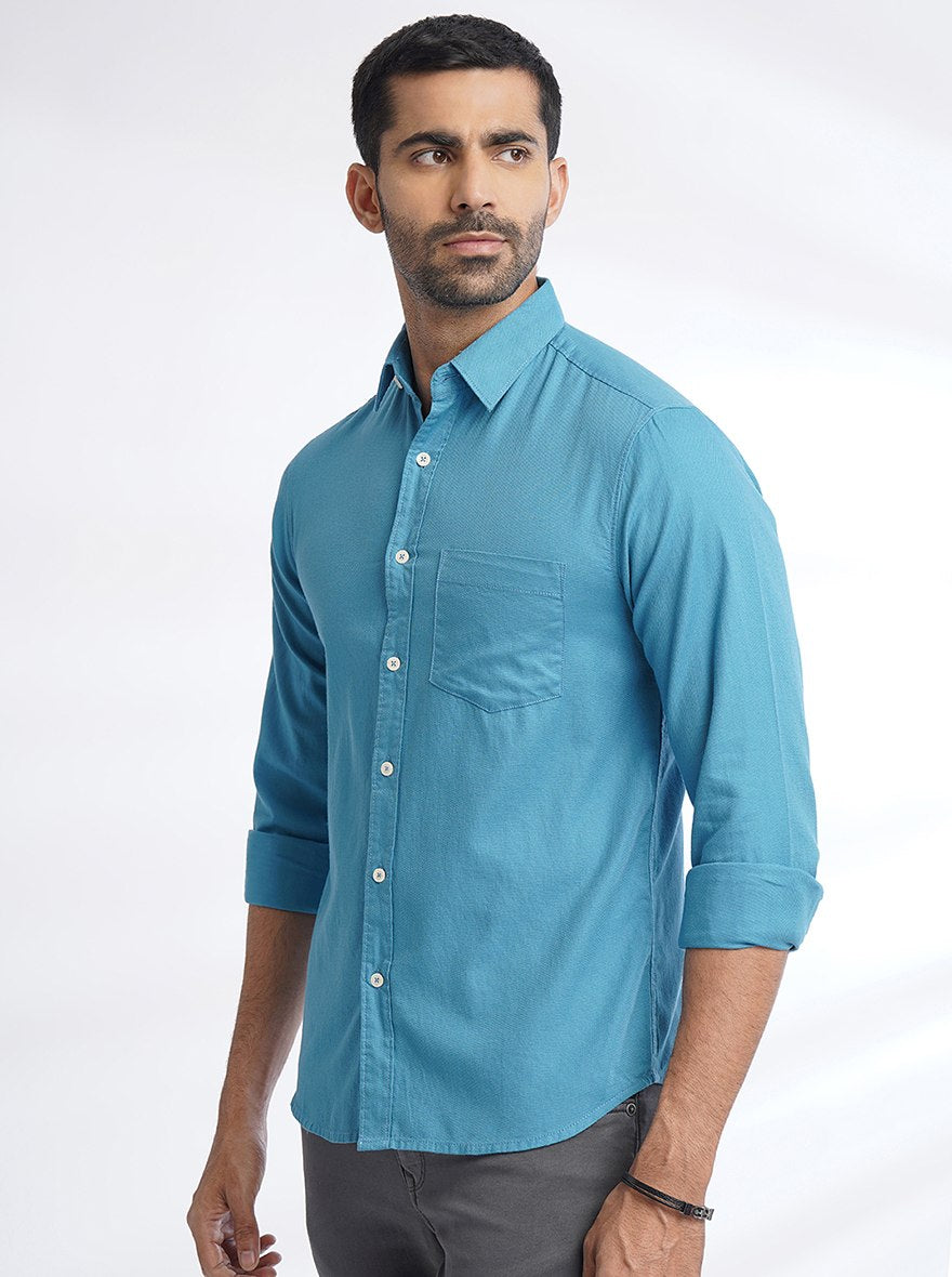 Blue Solid Slim Fit Casual Shirt | Greenfibre