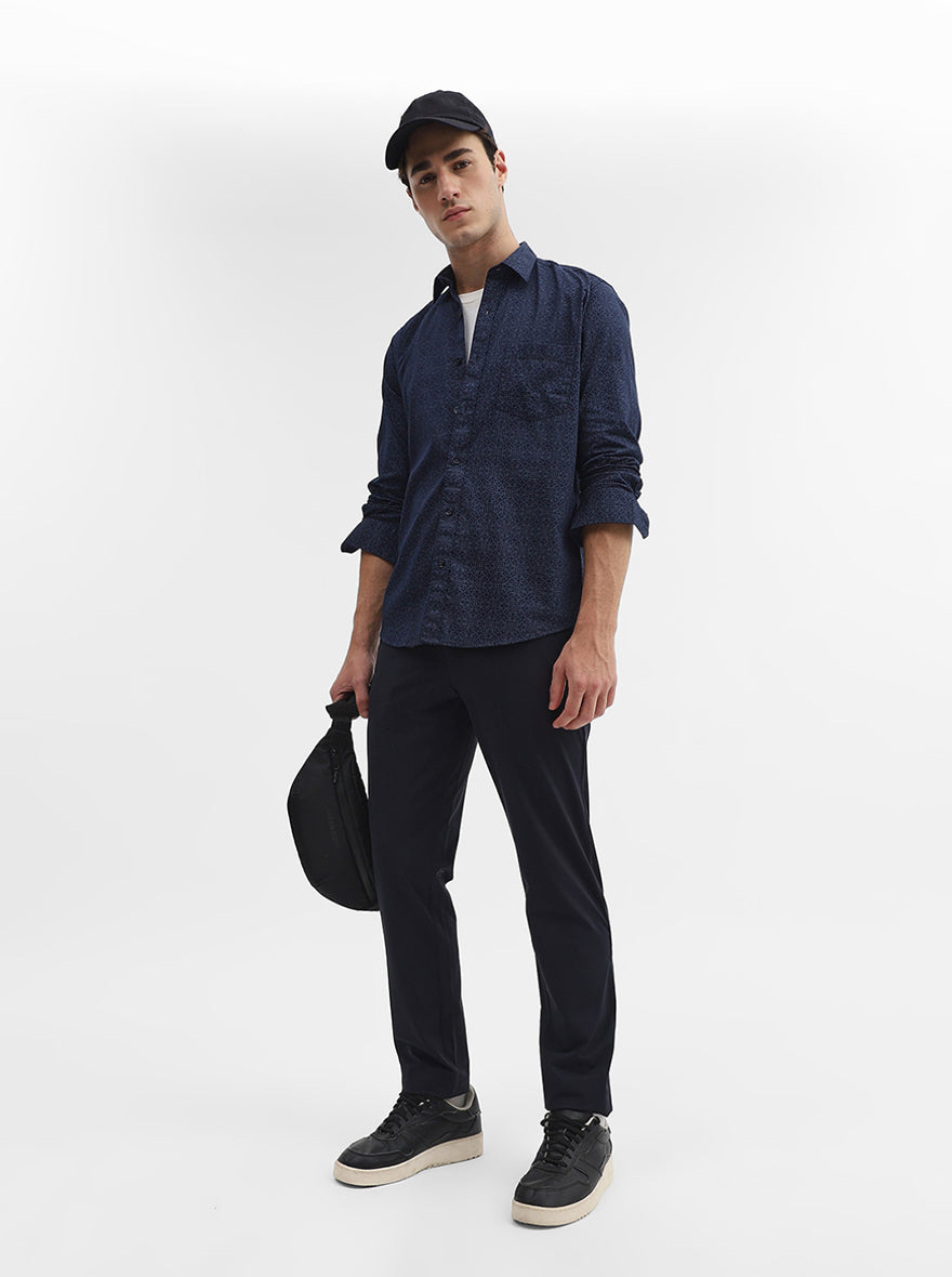 Navy Blue Printed Smart Fit Semi Casual Shirt | Greenfibre
