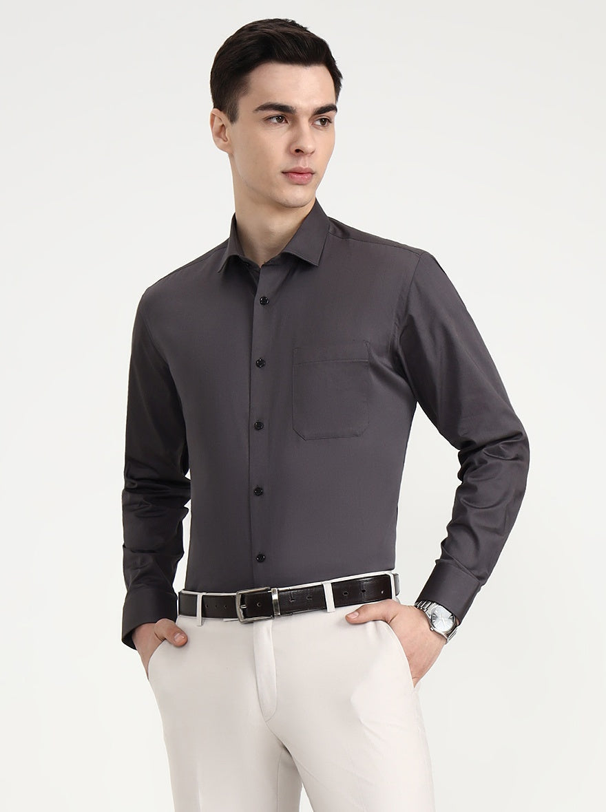 Dark Grey Solid Slim Fit Formal Shirt | Greenfibre