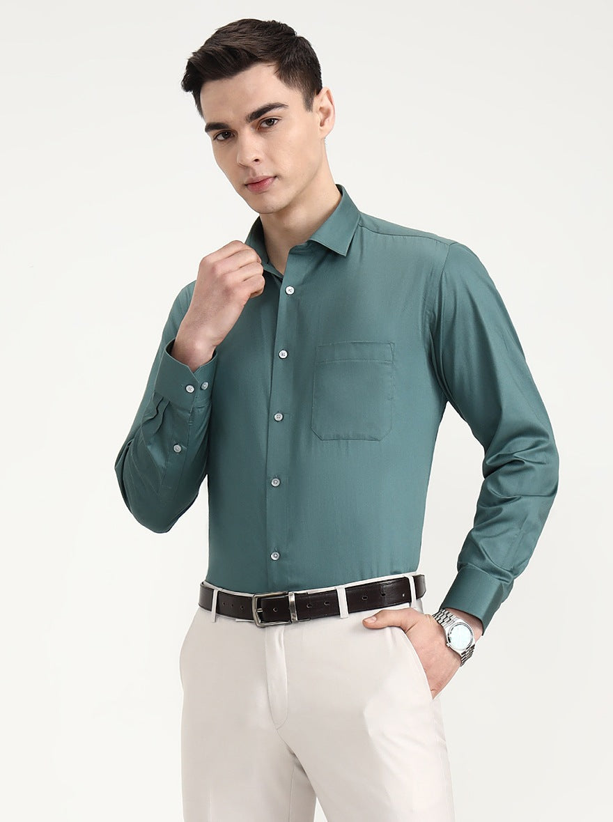 Green Solid Slim Fit Formal Shirt | Greenfibre