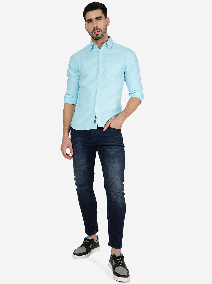 Sky Blue Solid Slim Fit Casual Shirt | Greenfibre