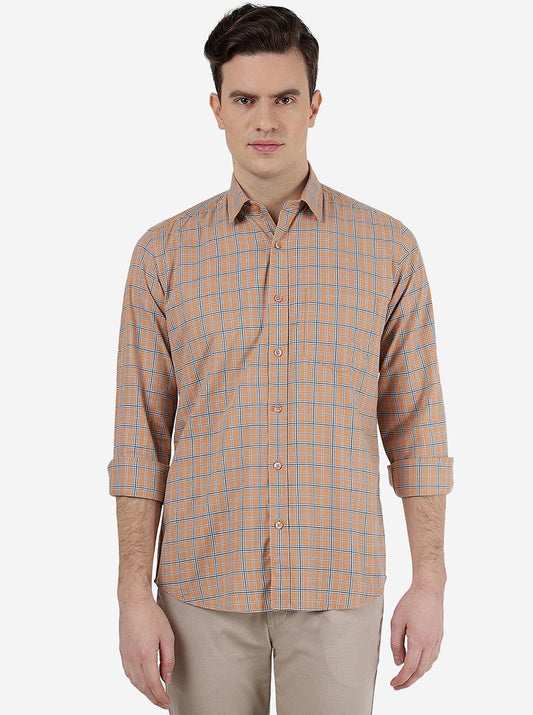 Orange Checked Slim Fit Semi Casual Shirt | Greenfibre