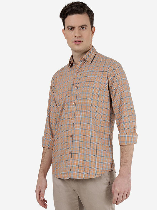 Orange Checked Slim Fit Semi Casual Shirt | Greenfibre