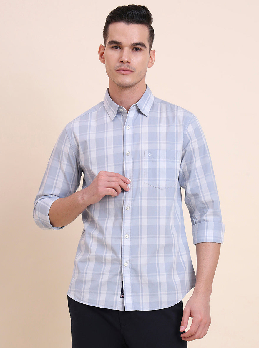 Light Blue Checked Slim Fit Casual Shirt | Greenfibre