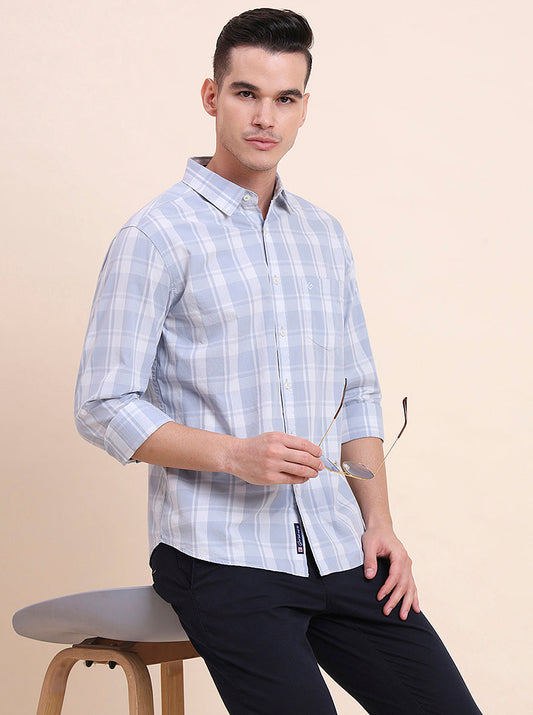 Light Blue Checked Slim Fit Casual Shirt | Greenfibre