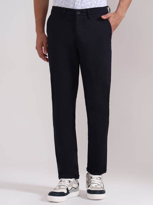 Navy Blue Solid Neo Fit Casual Trouser | Greenfibre