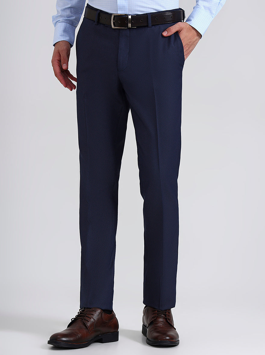 Navy Blue Printed Slim Fit Formal Trouser | Greenfibre
