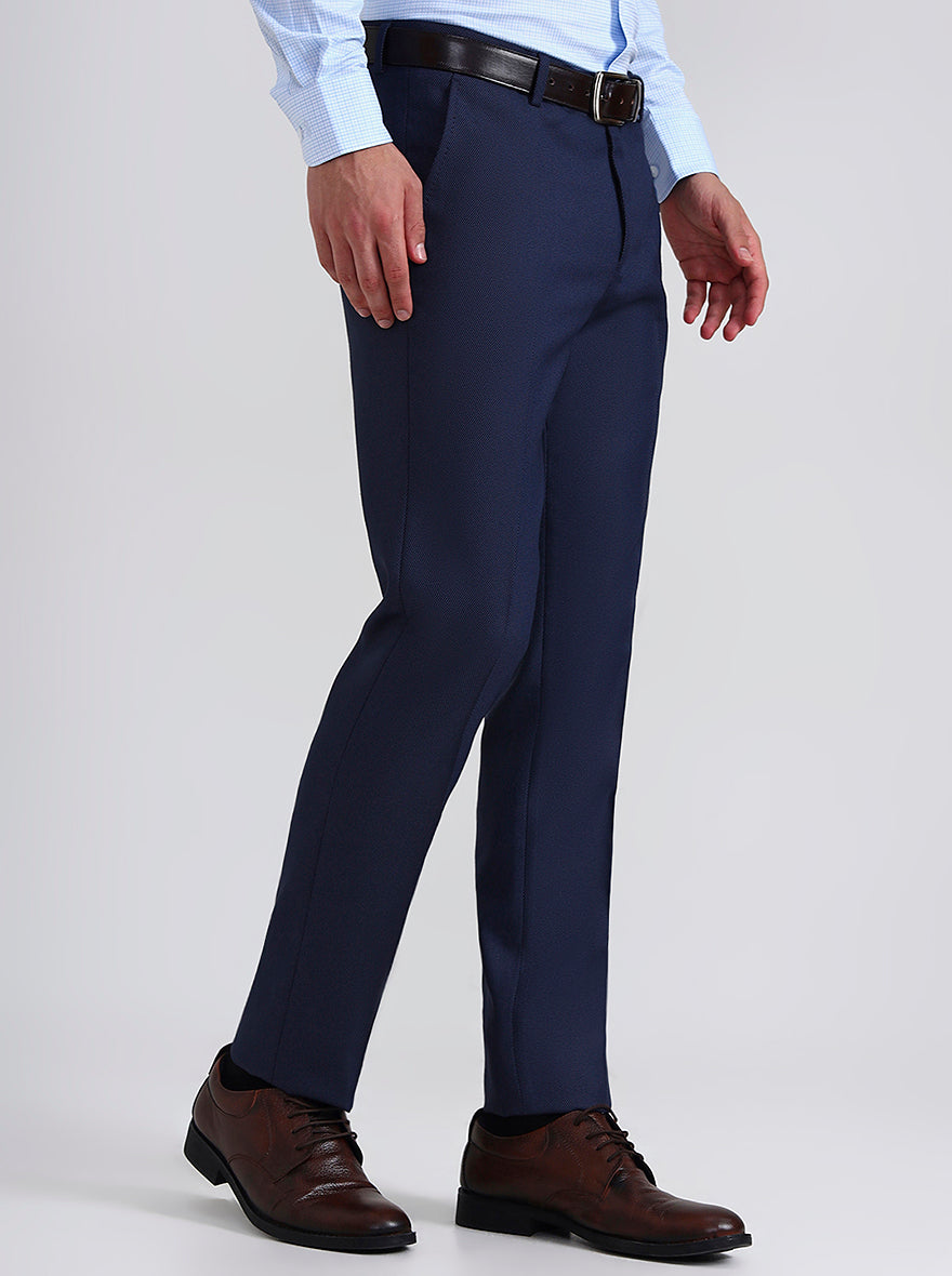 Navy Blue Printed Slim Fit Formal Trouser | Greenfibre