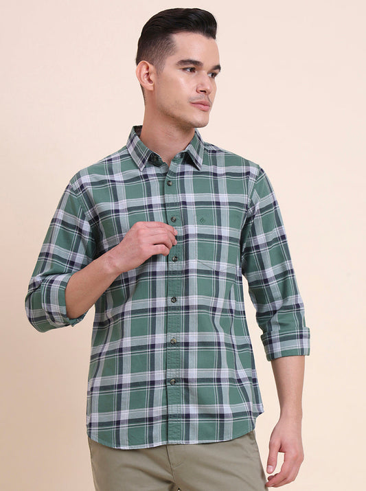 Green Checked Slim Fit Casual Shirt | Greenfibre