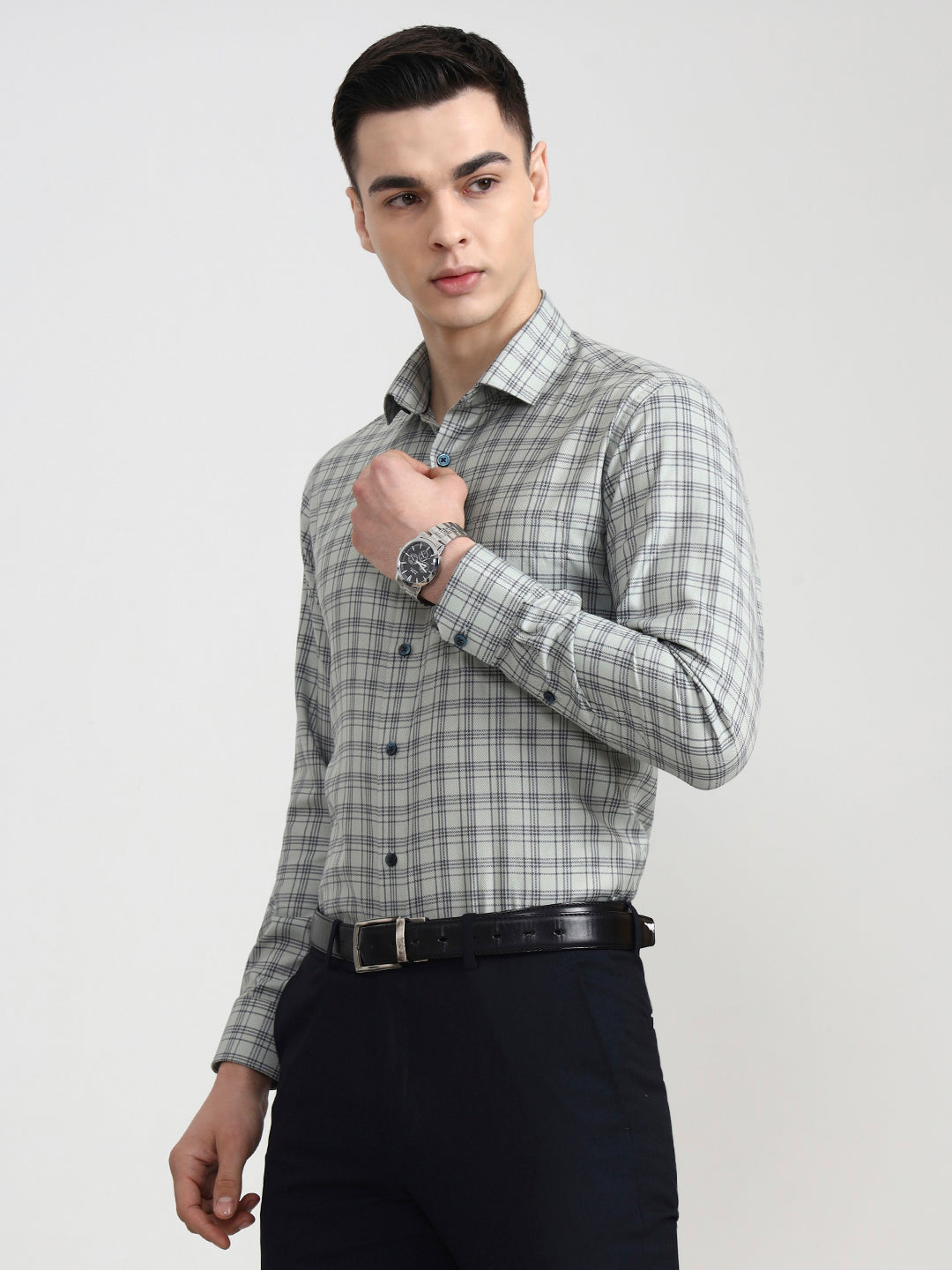 Pista Grey Checked Slim Fit Formal Shirt | Greenfibre