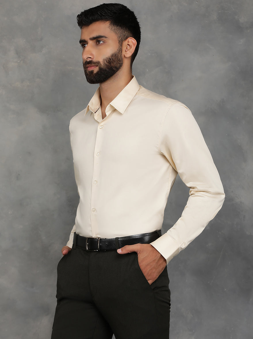 Cream Solid Slim Fit Casual Shirt | GreenFibre
