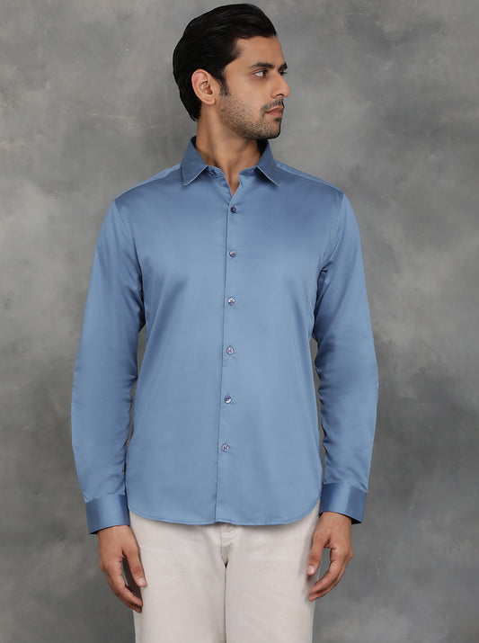 Blue Solid Slim Fit Casual Shirt | GreenFibre