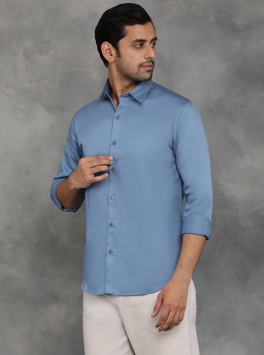 Blue Solid Slim Fit Casual Shirt | GreenFibre