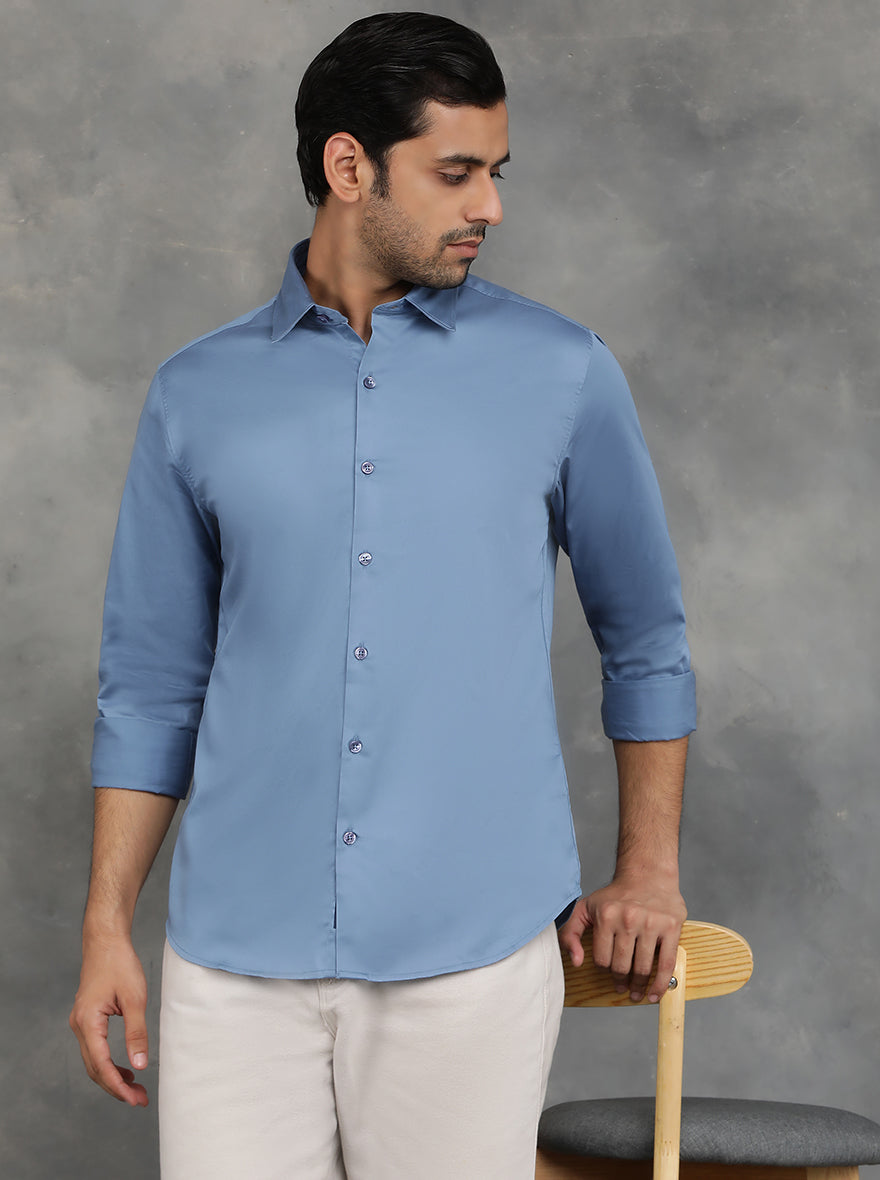 Blue Solid Slim Fit Casual Shirt | GreenFibre