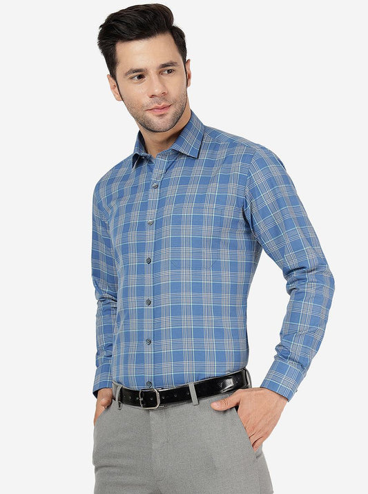 Blue & Beige Checked Slim Fit Formal Shirt | Greenfibre