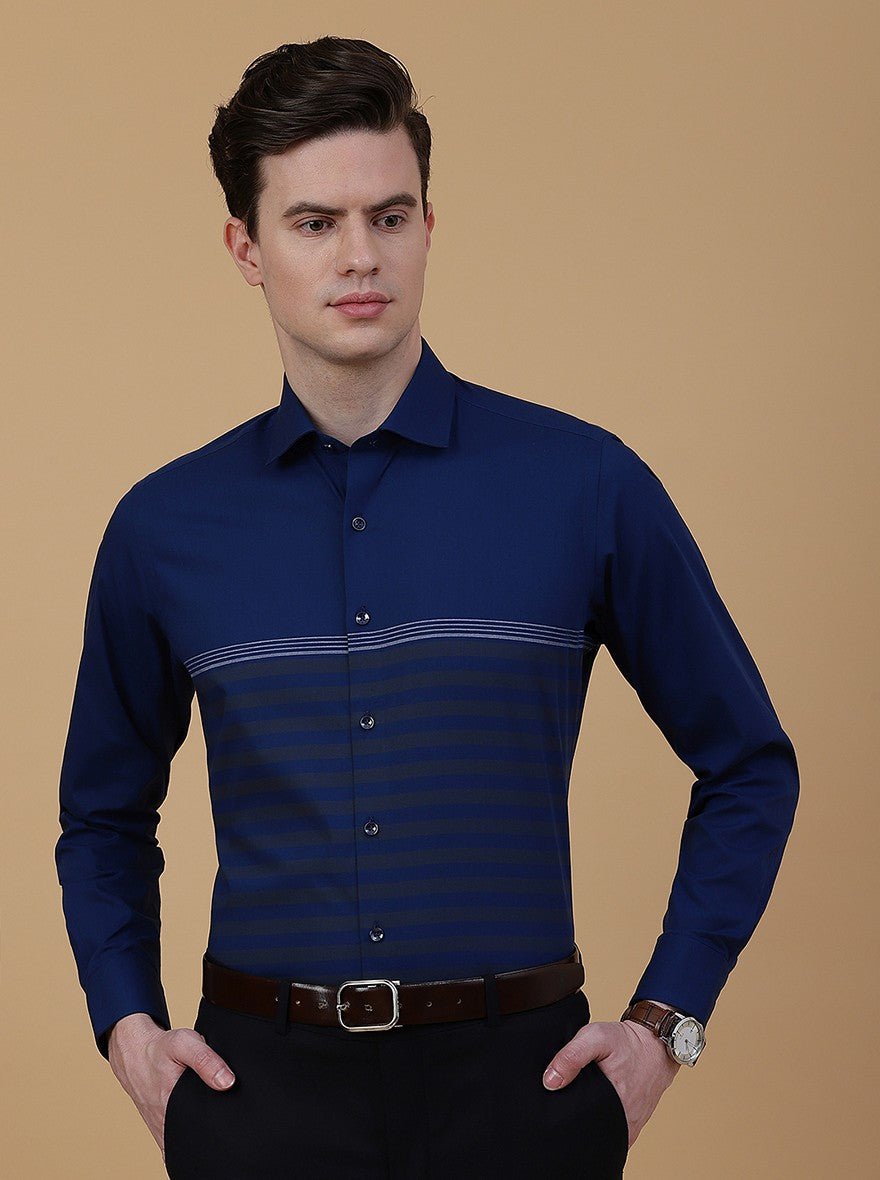 Navy Blue Striped Slim Fit Formal Shirt | Greenfibre