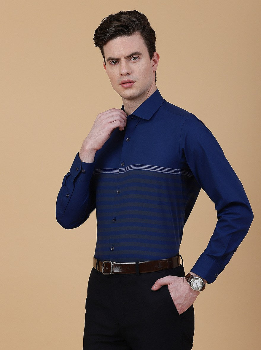 Navy Blue Striped Slim Fit Formal Shirt | Greenfibre