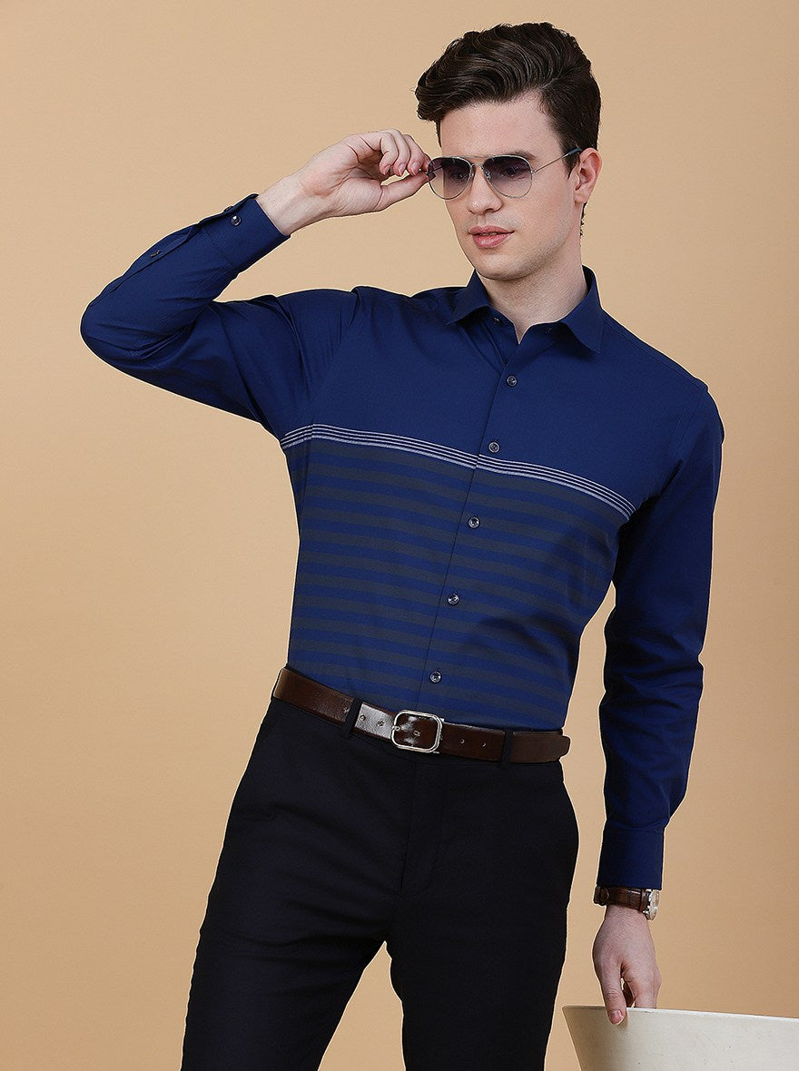 Navy Blue Striped Slim Fit Formal Shirt | Greenfibre