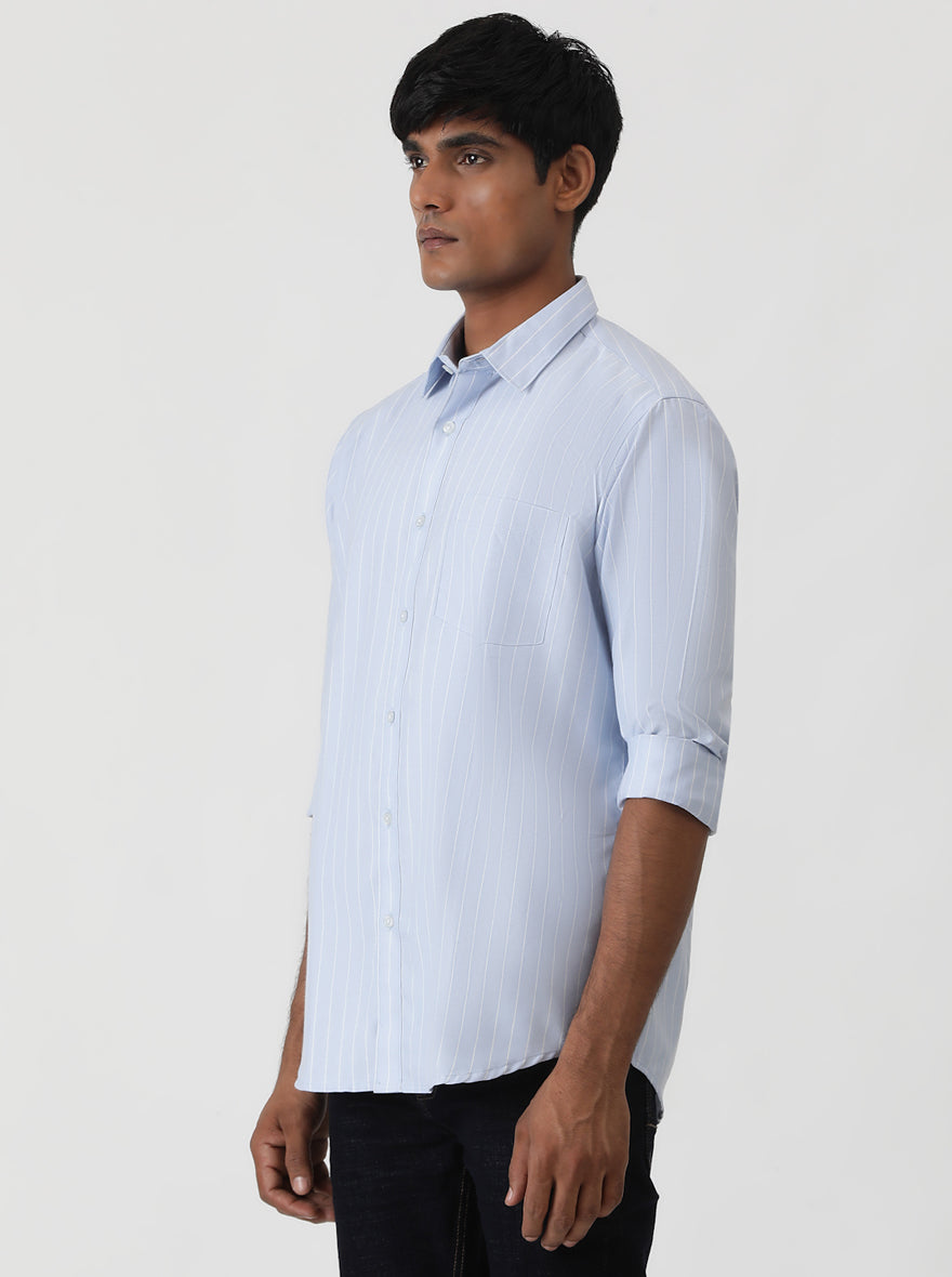 Light Blue Striped Smart Fit Semi Casual Shirt | Greenfibre