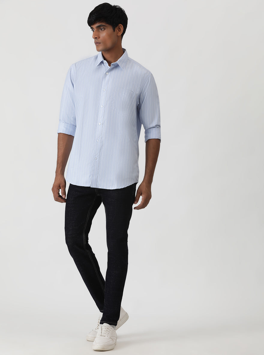 Light Blue Striped Smart Fit Semi Casual Shirt | Greenfibre