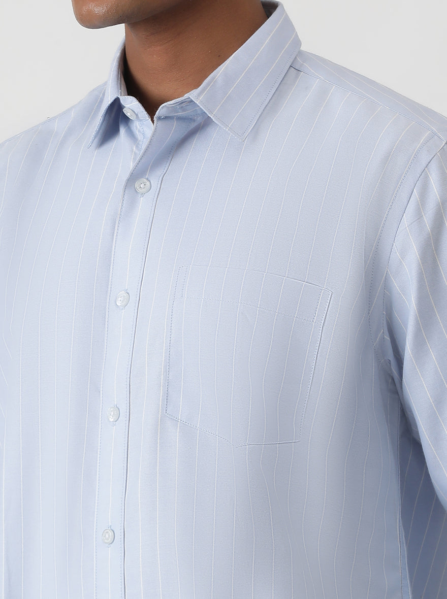 Light Blue Striped Smart Fit Semi Casual Shirt | Greenfibre