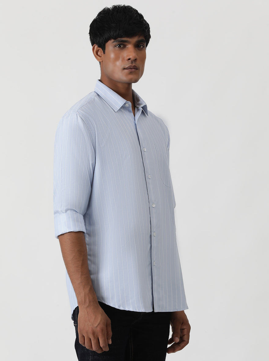Light Blue Striped Smart Fit Semi Casual Shirt | Greenfibre
