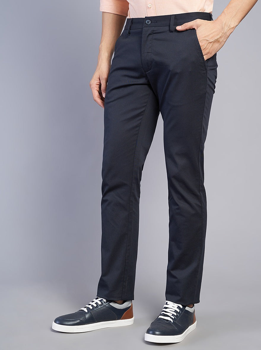 Navy Blue Solid Super Slim Fit Casual Trouser | Greenfibre