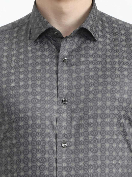 Dark Grey Printed Slim Fit Party Wear Shirt | Greenfibre