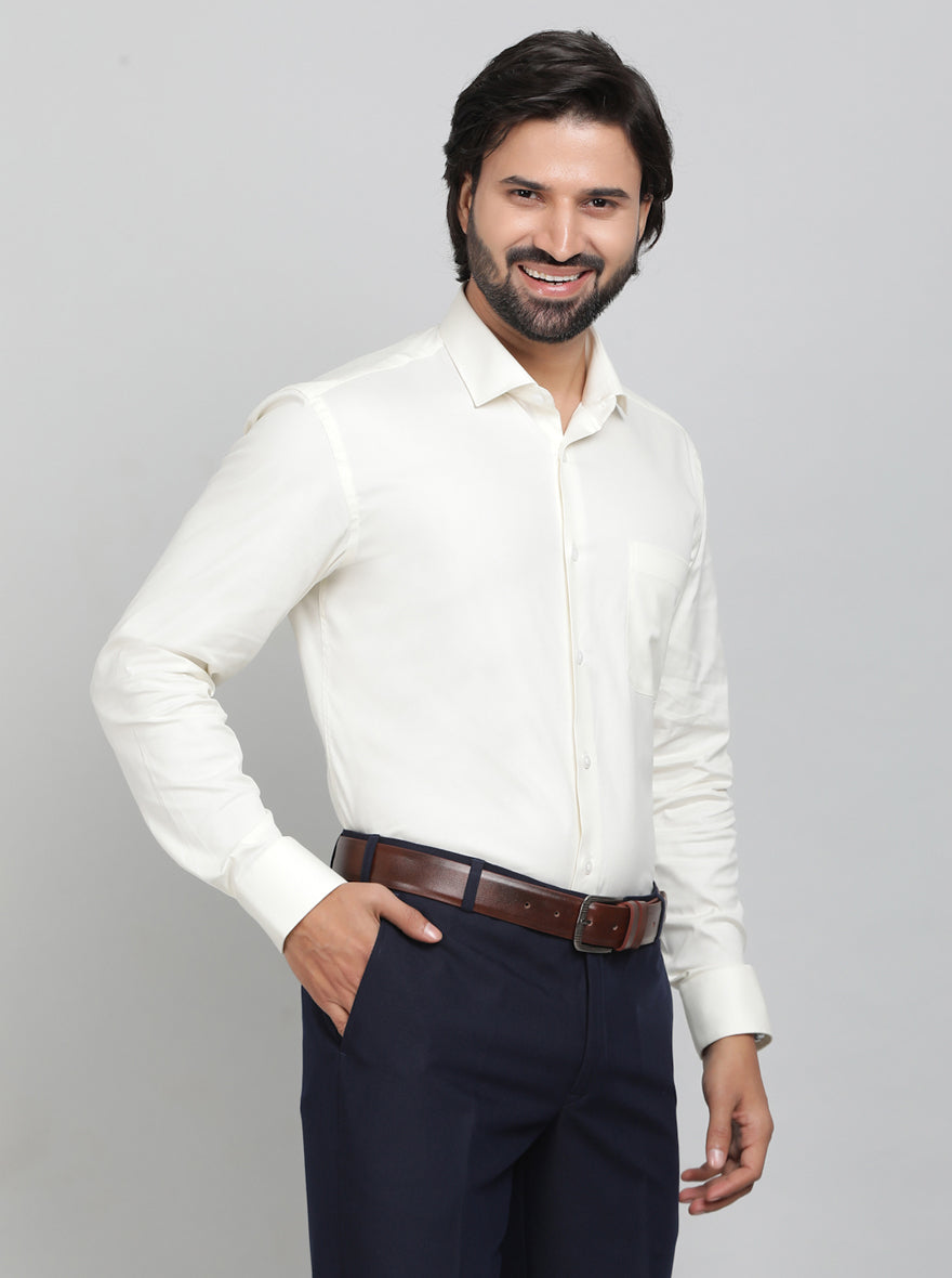 Cream Solid Slim Fit Formal Shirt | Metal