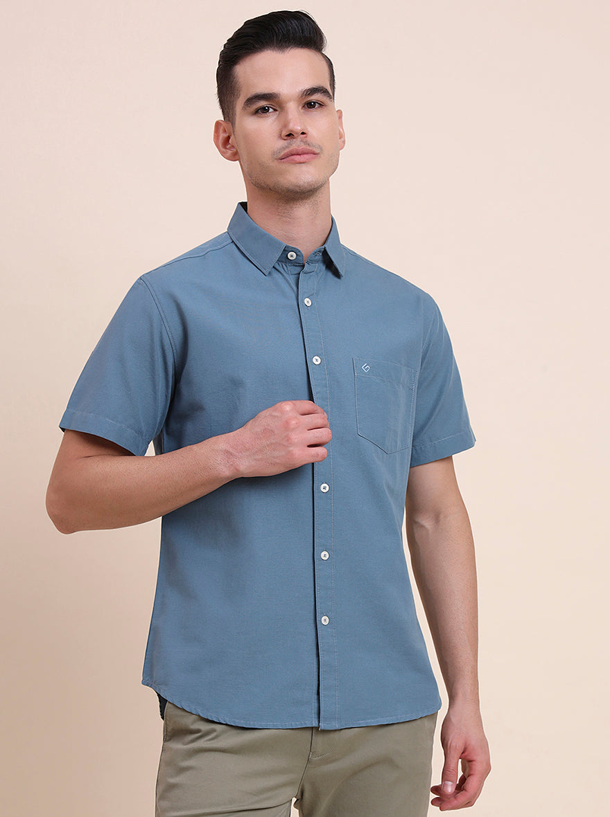 Dark Blue Solid Slim Fit Casual Shirt | Greenfibre