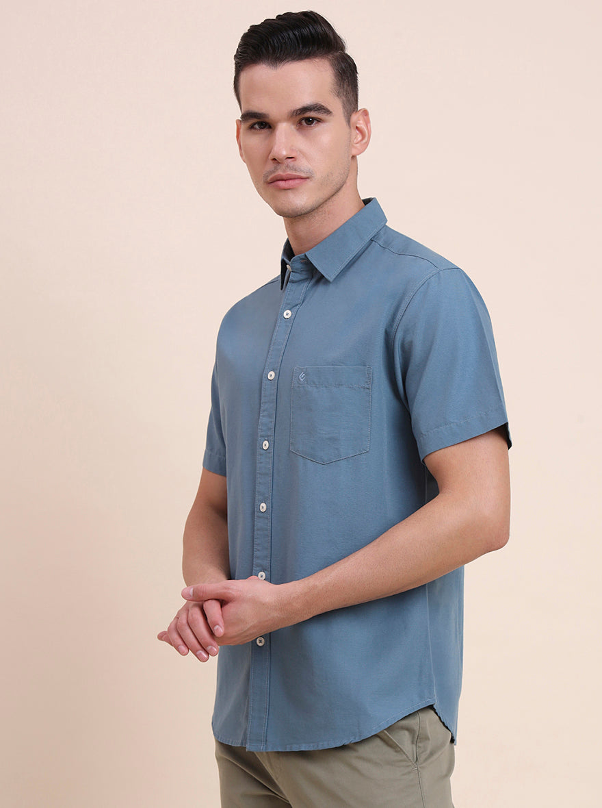 Dark Blue Solid Slim Fit Casual Shirt | Greenfibre