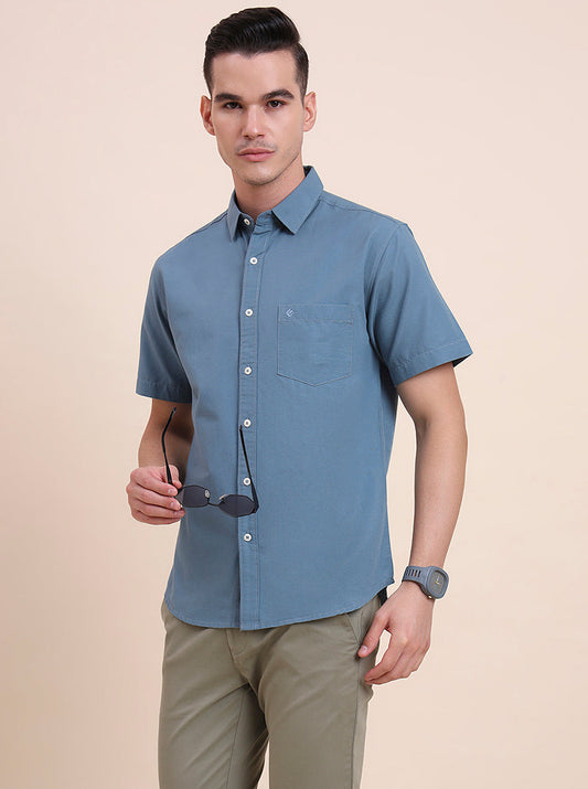 Dark Blue Solid Slim Fit Casual Shirt | Greenfibre