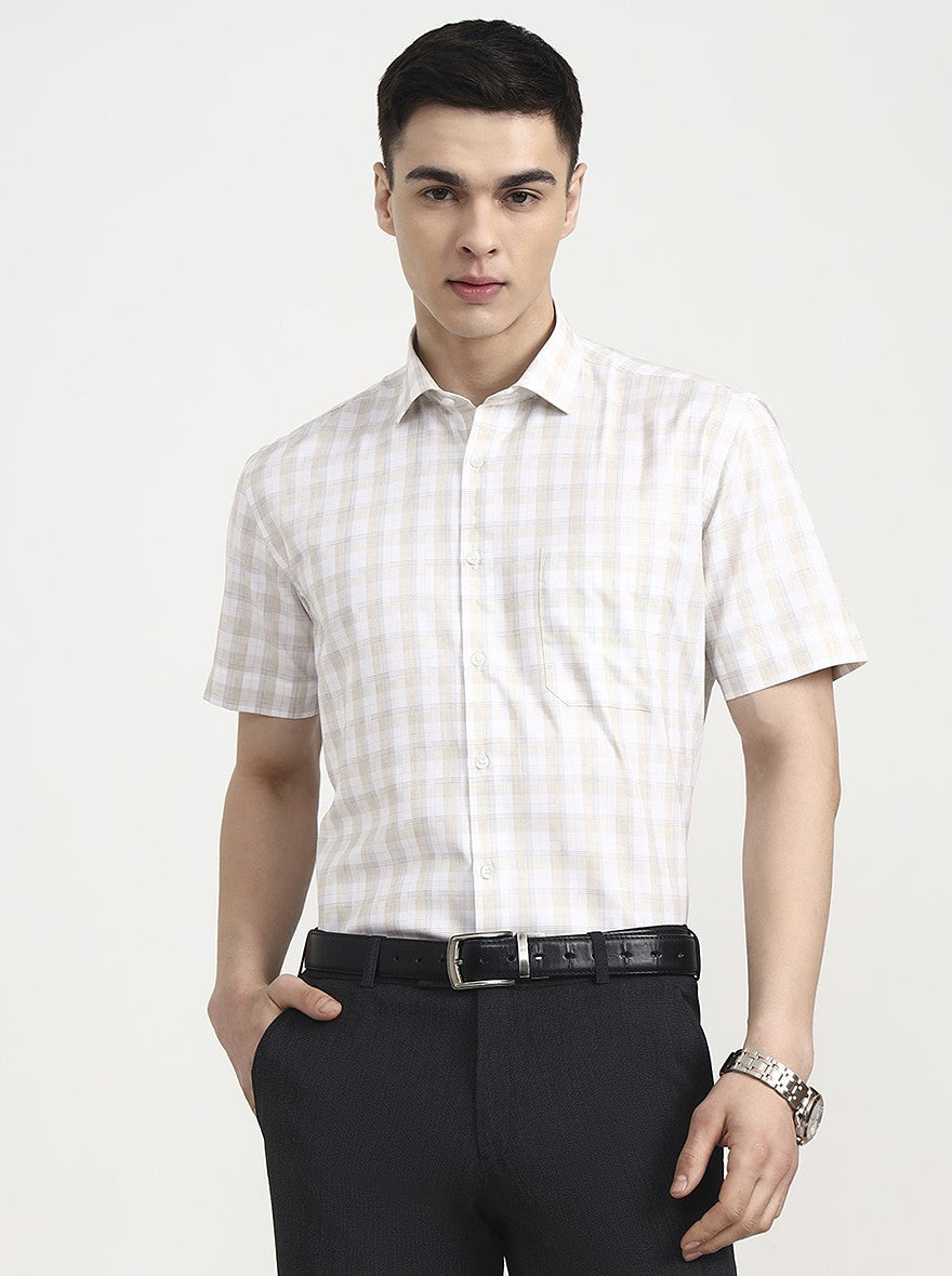 White & Cream Checked Regular Fit Formal Shirt | Greenfibre